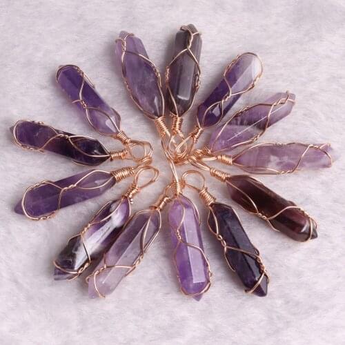 50PCS High Quality Crystal Hexagonal Pendants Fashion Jewelry Pendants Natural Amethysts Wire Winding Beads Healing Pendulum