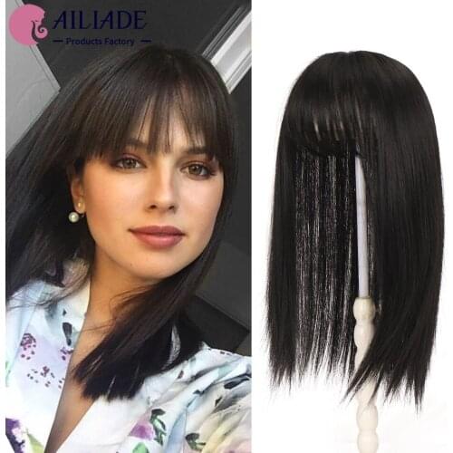 AILIADE 13.5 Inch Synthetic Straight Clip In Hair Pieces With Bangs Black Brown Blond Clip In Hair Extension For Women