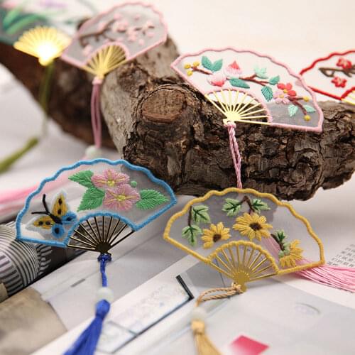 Flower Bamboo Pattern Fan Bookmark Unfinished Embroidery Kit DIY Embroidered Sewing Cross Stitch Set Thread Tools Package