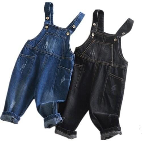 Childrens Denim Jumpsuit 12M to 4T Kids Blue Overalls Jeans Pants With Broken Holes Boys Girls Childrens Clothes