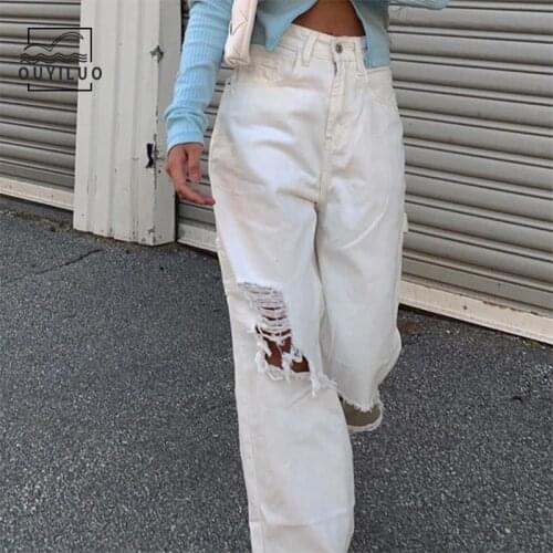 High Jeans Waist Casual Pants Denim Straight White Trousers Ripped Jeans Harajuku Classic Fashion Streetwear Women Vintage Cargo