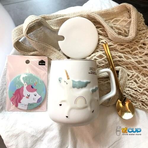 Cute Unicorn Creative Ceramic Cup Nordic Style Cartoon Coffee Mugs Spoon with Lid Office Home Breakfast Milk Cup Funny Mug Gift