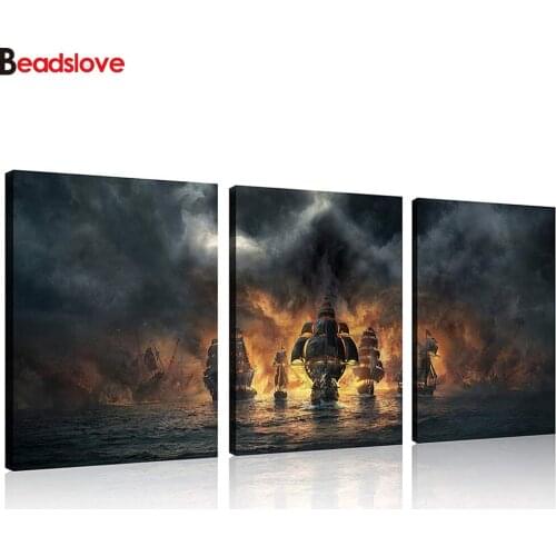 3 pieces Skull Pirate Sailboat Seascape diamond painting 100% square diamond mosaic set 3d cross stitch embroidery Triptych art