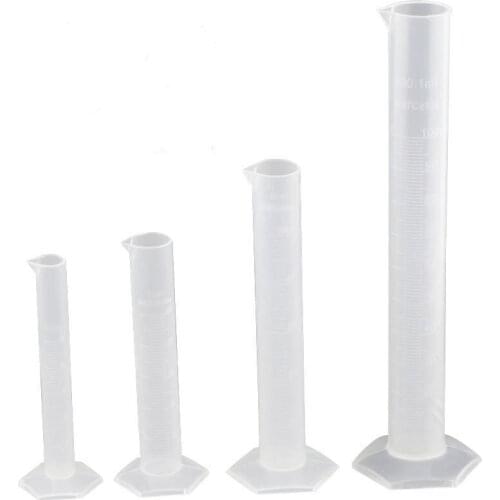 4 Piece Set- Plastic Graduated Measuring Cylinders, 10ml, 25ml, 50ml & 100ml