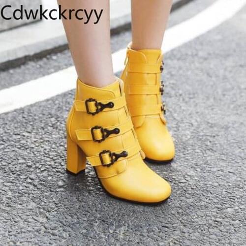 Winter The New fashion Round head Thick heel Martin boots black Buckle Plus cashmere Keep warm High heel Women boots size 34-45