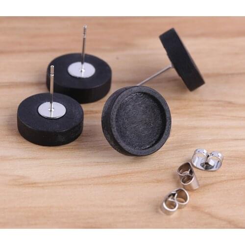 Onwear 20pcs fit 12mm black wood cabochon earring stud base stainless steel earrings post diy blank wooden bezel settings