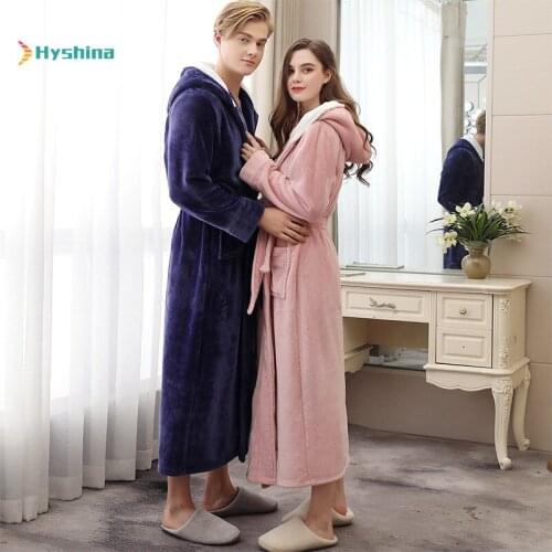 Autumn and Winter Extended Hooded Flannel Couples Nightgown Womens Fattening Plus Size Coral Velvet Bathrobe Pajamas for Men