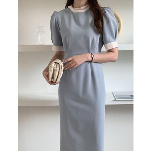 Korean Chic Temperament Slim A Line Lace Up Contrast Stand Puff Sleeve Dress Women Wrap Hip Waist High Vestidos Mujer Elegant