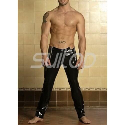 Suitop men 's latex rubber glued leggings with front two zip pants trousers