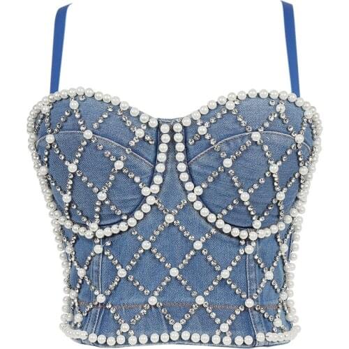 2021 New Original Denim Camisole Female Pearl Diamond Beading Sexy Crop Top Bustier Bra Night Club Party Tank Tops Y783