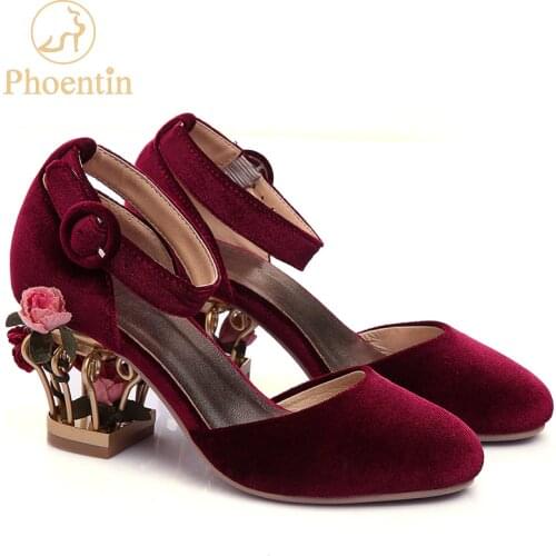 Phoentin ankle strap buckle wedding shoes women bird cage flower heel womens genuine leather shoes pumps velvet mary jane FT266