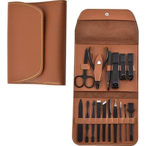 16 Piece Black Nail Clippers Set Stainless Steel 16pcs Manicure and Pedicure Set For Nail Care with Leather Case