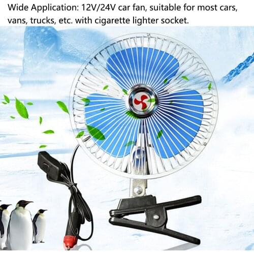 24V 8Inch Car Fan Automobile Vehicle Clip Fan 180° Cooling Fan Quiet Ventilation Electric Fan with Switch Cigarette Lighter Plug