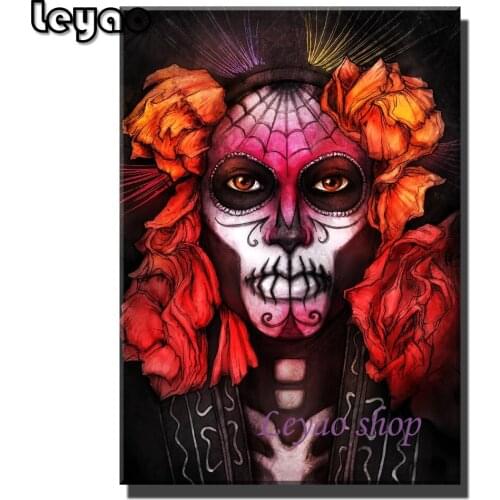 5D Diamond Embroidery Horror Skull Face Flower Woman Mosaic Rhinestones 5D Diamond Painting Cross Stitch Halloween Home Decor