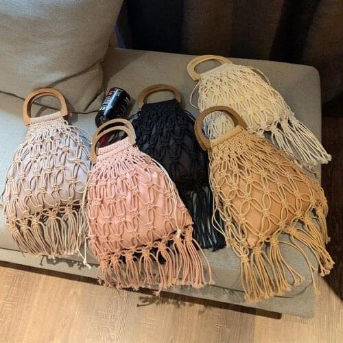 Hollow Tassel Rattan Bags Handmade Wood Handle Womens Handbags Woven Rope Straw Bag Casual Totes Summer Beach Purse Shopping Sac
