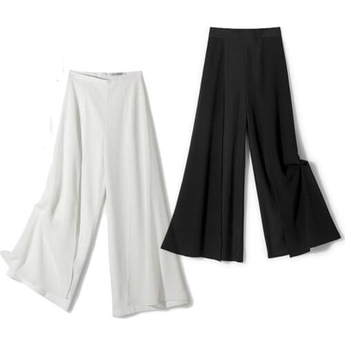 2021 Spring Autumn Women Trousers Wide Leg Pants Streetwear Split Skirt Pant High Elastic Waist Chiffon Loose Clothes White Blac
