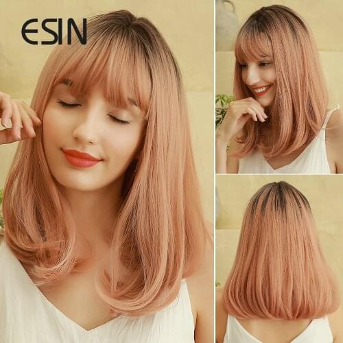 ESIN Dark Brown Omber Pink Medium Long Straight Wig with Bangs Natural Wigs for Women Cosplay/Daily Synthetic Hair