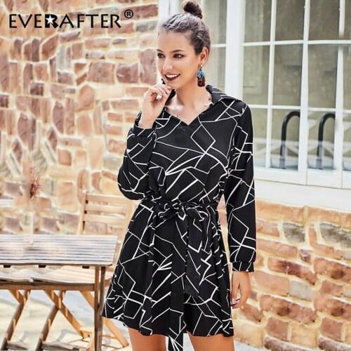 EVERAFTER Elegant Striped Print Turn-down Collar Women Dress Lace up Long Sleeve Casual Sashes Chiffon Mini Party Dresses Autumn