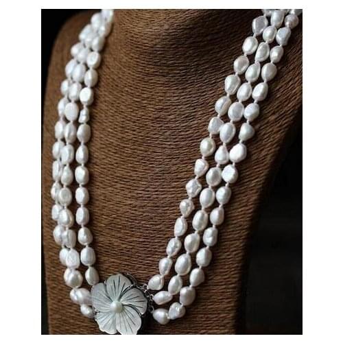 Beautiful 3row 11-12mm natural white baroque pearl necklace 17-19"