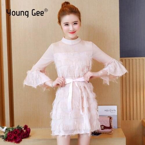 Young Gee Pink Black Lace Tassels Dress Women A-line Vintage Fashion High Neck Flare Sleeve Sweet Casual Loose Dresses Vestido