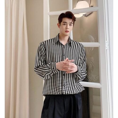 2021 streetwear spring and autumn Korean fashion houndstooth plaid mens casual loose long-sleeved shirt Camisa masculina