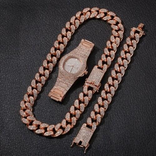 Mens Watch Personalized Hip-Hop Style Diamond Full Diamond Watch+Bracelet+Necklace Male Gift