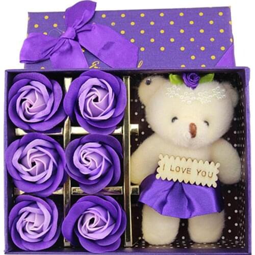 6Pcs Soap Flower Gift Box Petal Bath Body Soap Wedding Party Pretty Red Rose Bear Doll Nice GirlsValentine Day Unique Gift