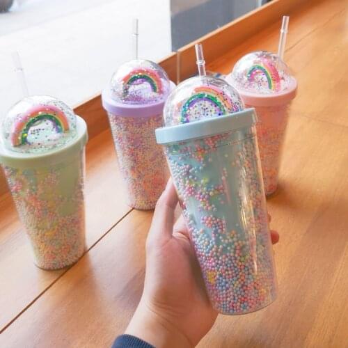New Creative Rainbow Plastic Water Cup Fashion Large Capacity Womens Straw Cup Mori Double Layer Color Pearl Drink Cup