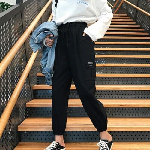 OINOINOS 2019 Women Big Pocket Pants High Waist Loose Joggers Pants Drawstring Female Causal Trousers