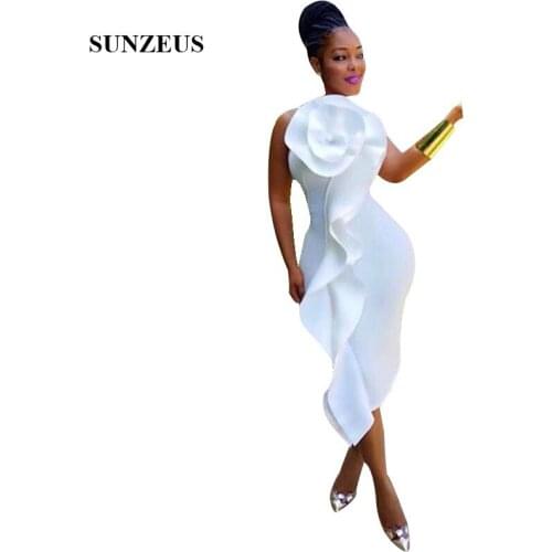 Sheath Tank Tea Length White Cocktail Dress With Big Flower African Women Party Dress Robe Cocktail