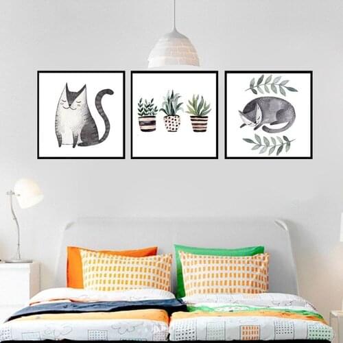 Nordic Simple Living Room Decor Picture Small Fresh Plant Potted Cute Cat Poster Restaurant Sofa Background Wall Canvas Painting