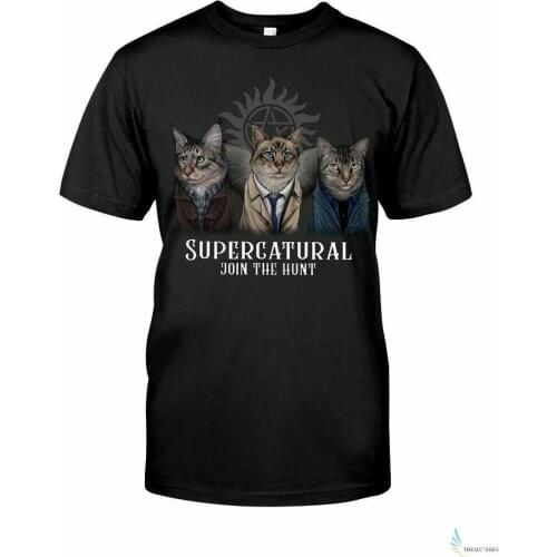 Supernatural Cat Join The Hunt Cute Mens Short Sleeve T-Shirt Black Cotton Tee