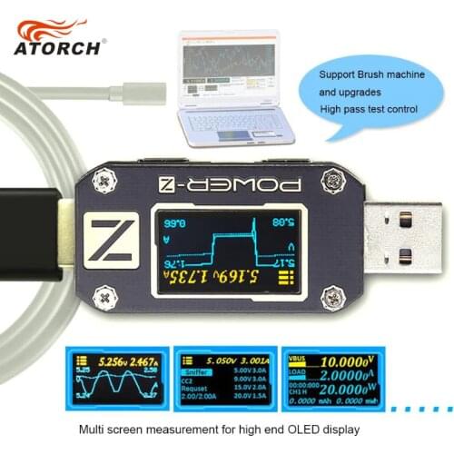 ATORCH POWER-Z USB tester Type-c PD QC 3.0 2.0 Charger Voltage Current Ripple Dual Type-C KM001 Volt Meter Power Bank Detector