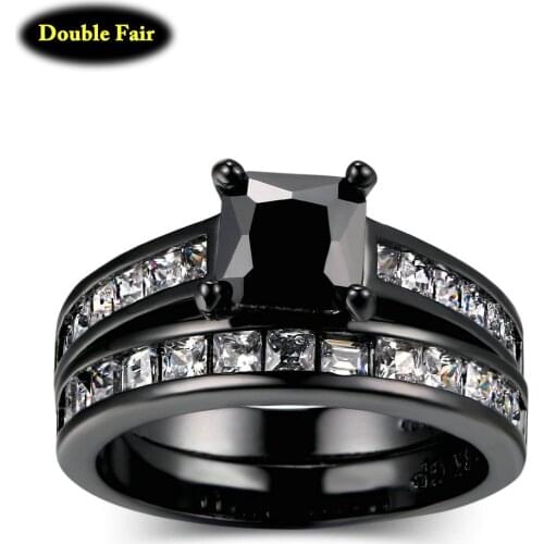 Top Quality Black Nano &Clear CZ Stone Party Rings Sets Black Gold Color Fashion Brand Cubic Zirconia Jewelry For Women DWR609