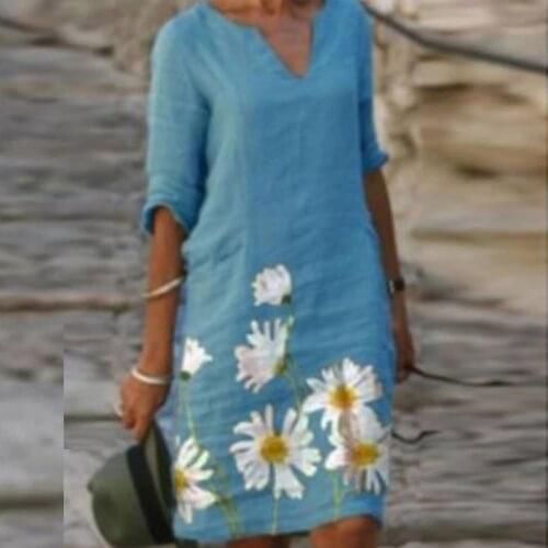 Women Dresses Summer 2021 Flower Boho Dress Lady Clothing Half Sleeve V-Neck Casual Beach Vacation Mini Dresses Vestido De Mujer