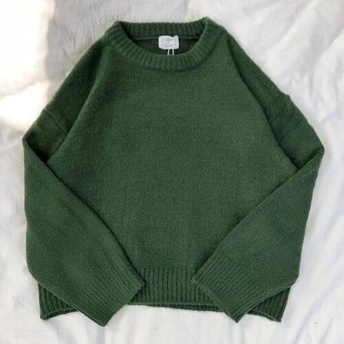 ZCWXM Spring/autumn 2021 Women Pullover Sweater Dark Green Round Neck Long Sleeve Warm Loose Pullovers Jumper Korean Style New