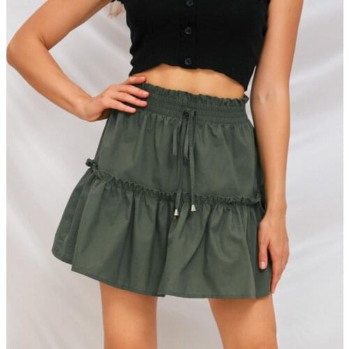 Summer New Solid Color Ruffle Folds Mini Skirt Women Casual Loose Boho Elastic Waist Streetwear Fresh And Sweet Beach Skirts