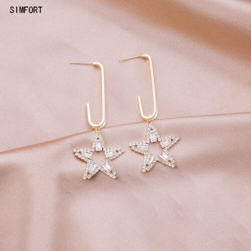 Womens 925 Silver Pin Long Diamond Earring Five-pointed Star Elegant Fashion Personality Simple Alloy Decoration Jewelry Gift