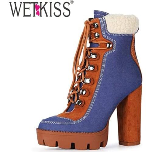 WETKISS Womens Ankle Boots Lace Up Cowboy Boots Chunky Heel Side Zipper Platform Booties Lug Sole Combat Block Heel Shoes