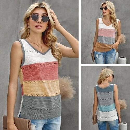 2021 Knit Color Block Vest Women Summer Sexy V Neck Hollow Stripes Tank Tops Loose Casual Fashion Vintage Cami Sleeveless Shirts