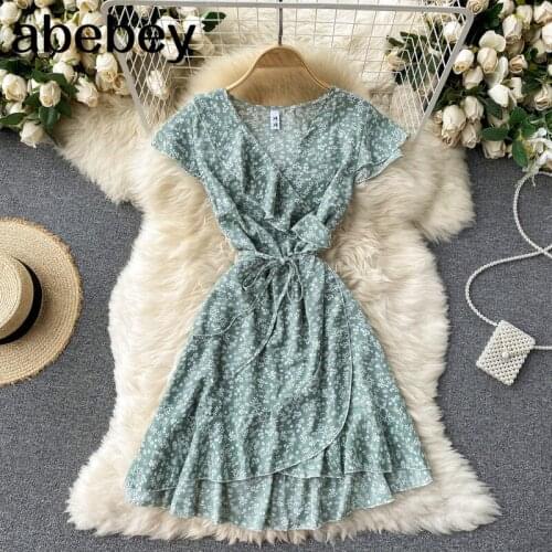 Women Korean Floral Dress Sweet Puff Sleeve V Neck A-line Ruffles Dresses Summer Boho Print Holiday Beach Short Dress