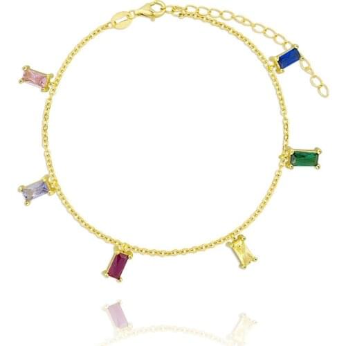 925 Sterling Silver colorful Rainbow Square Zircon Necklace Women Charming Crystal Gold Silver Chain Necklace