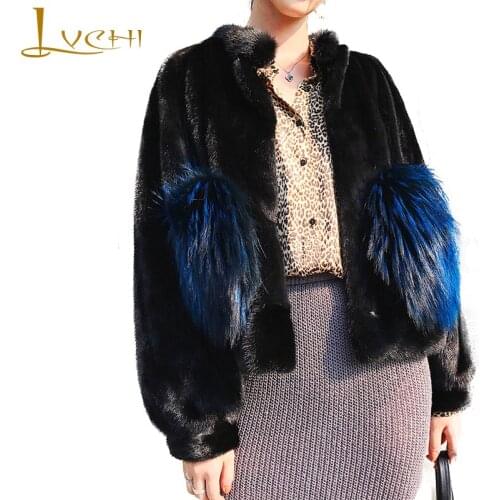 LVCHI 2019 Winter Mink Fur Coat Real Fur Coats Women Full Sleeve Mandarin Collar Short Fox Fur Pocket Slim Black Mink Fur Coats