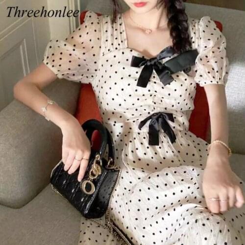 Elegant Womens Dresses Summer 2021 Puff Sleeve Dot Bow Square Collar Vintage Midi Females Korean Sweet Party Dress Vestidos