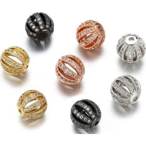 0.8*2.9cm Hollow ball micro pave cz zircon cubic zirconia beads metal copper Crystal bracelet making silver gold plated fsr24