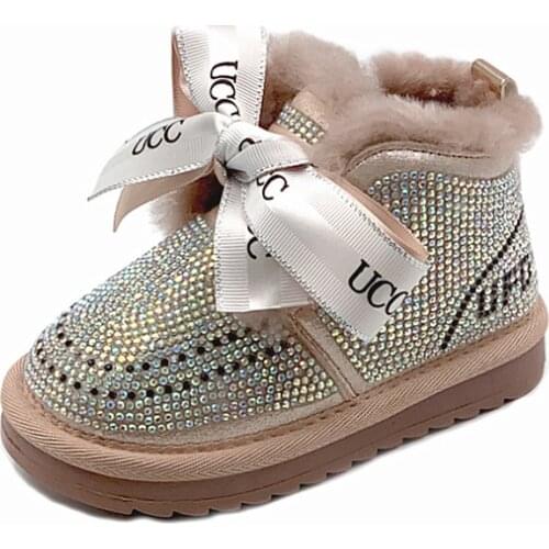 2021 New Winter Girls Boots Rhinestone Princess Warm Plush Cotton Kids Shoes Non-slip Fashion Toddler Baby Shoes