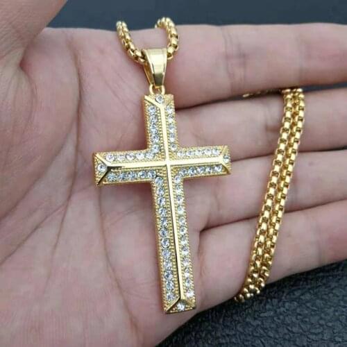 Hip Hop CZ Zircon Paved Bling Iced Out Gold Color Stainless Steel Cross Pendants Necklace for Men Christian Prayer Jewelry