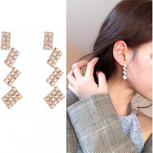 Korean Geometric Stud Earrings Vintage Long Square Stitching Crystal Earring For Women Hot Fashion Brincos Jewelry Wholesale