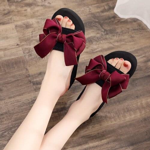 Summer New Style Korean High-Heeled Womens Slippers Fashion Sweet Fresh Bow Sandals Slope Heel Comfortable All-Match Beach Shoe
