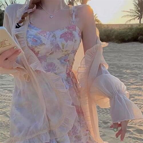 2021 summer new plus size womens gentle wind floral sling skirt womens French chiffon dress sunscreen two-piece suit